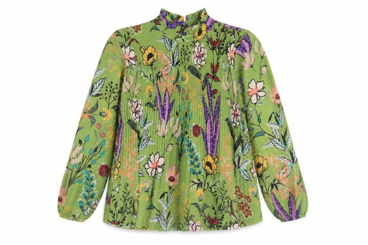 Preworn Womens Green Floral Polyester Jersey Blouse Size S Crew Neck