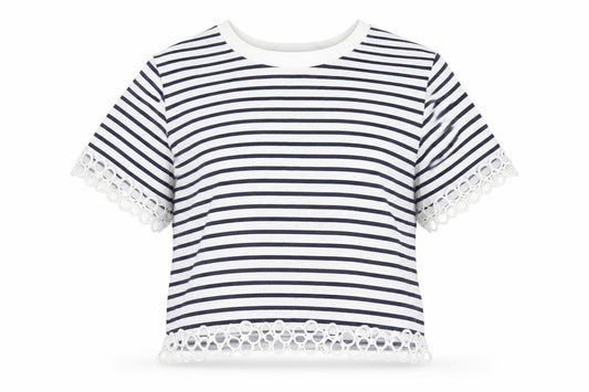 FOREVER 21 Womens Blue Striped 100% Cotton Cropped T-Shirt Size S Round Neck - Floral Embroidery Trim
