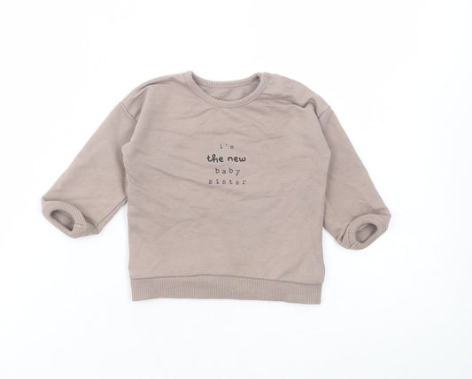 George Girls Brown Cotton Basic T-Shirt Size 6-9 Months Round Neck Pullover - Baby Sister