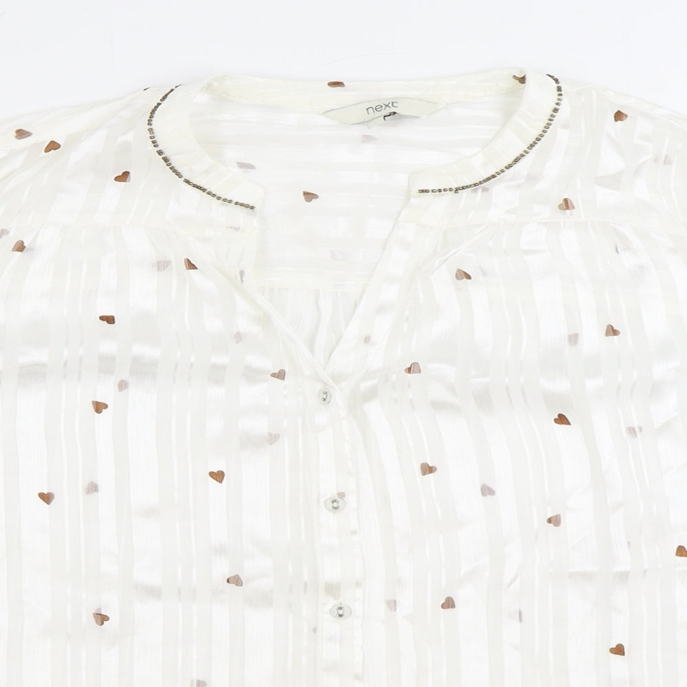 NEXT Womens White Striped Polyester Basic Button-Up Size 12 V-Neck