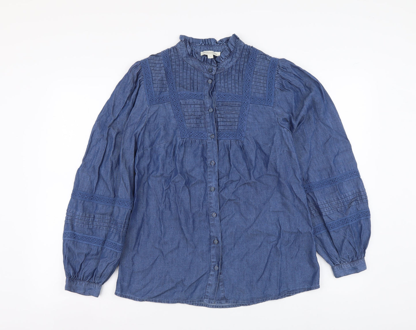 Monsoon Womens Blue Lyocell Basic Button-Up Size S High Neck