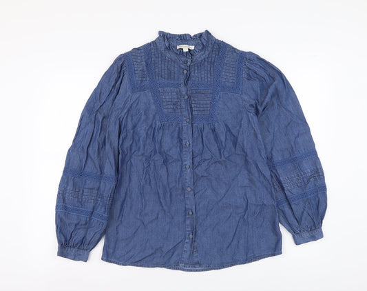 Monsoon Womens Blue Lyocell Basic Button-Up Size S High Neck