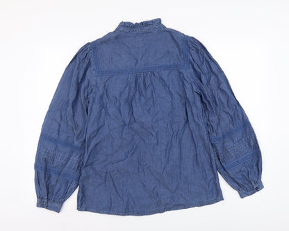 Monsoon Womens Blue Lyocell Basic Button-Up Size S High Neck