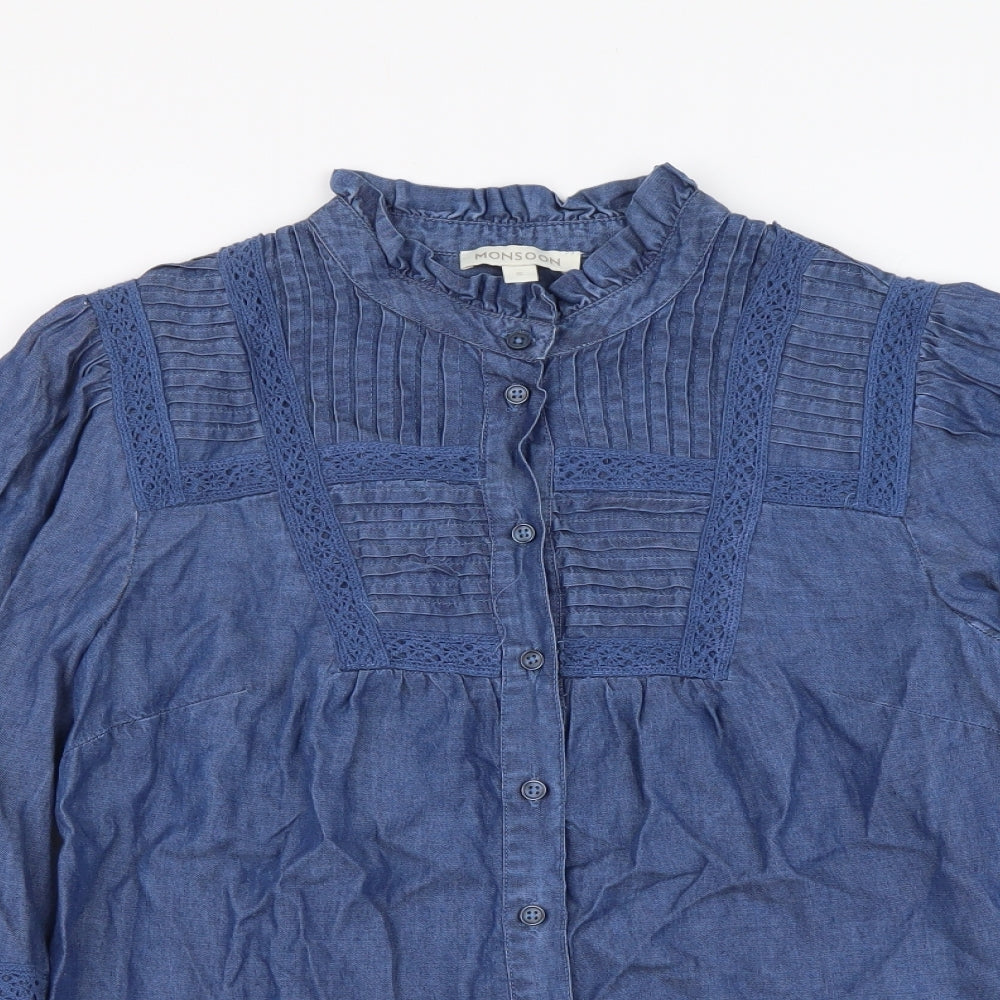 Monsoon Womens Blue Lyocell Basic Button-Up Size S High Neck