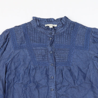 Monsoon Womens Blue Lyocell Basic Button-Up Size S High Neck