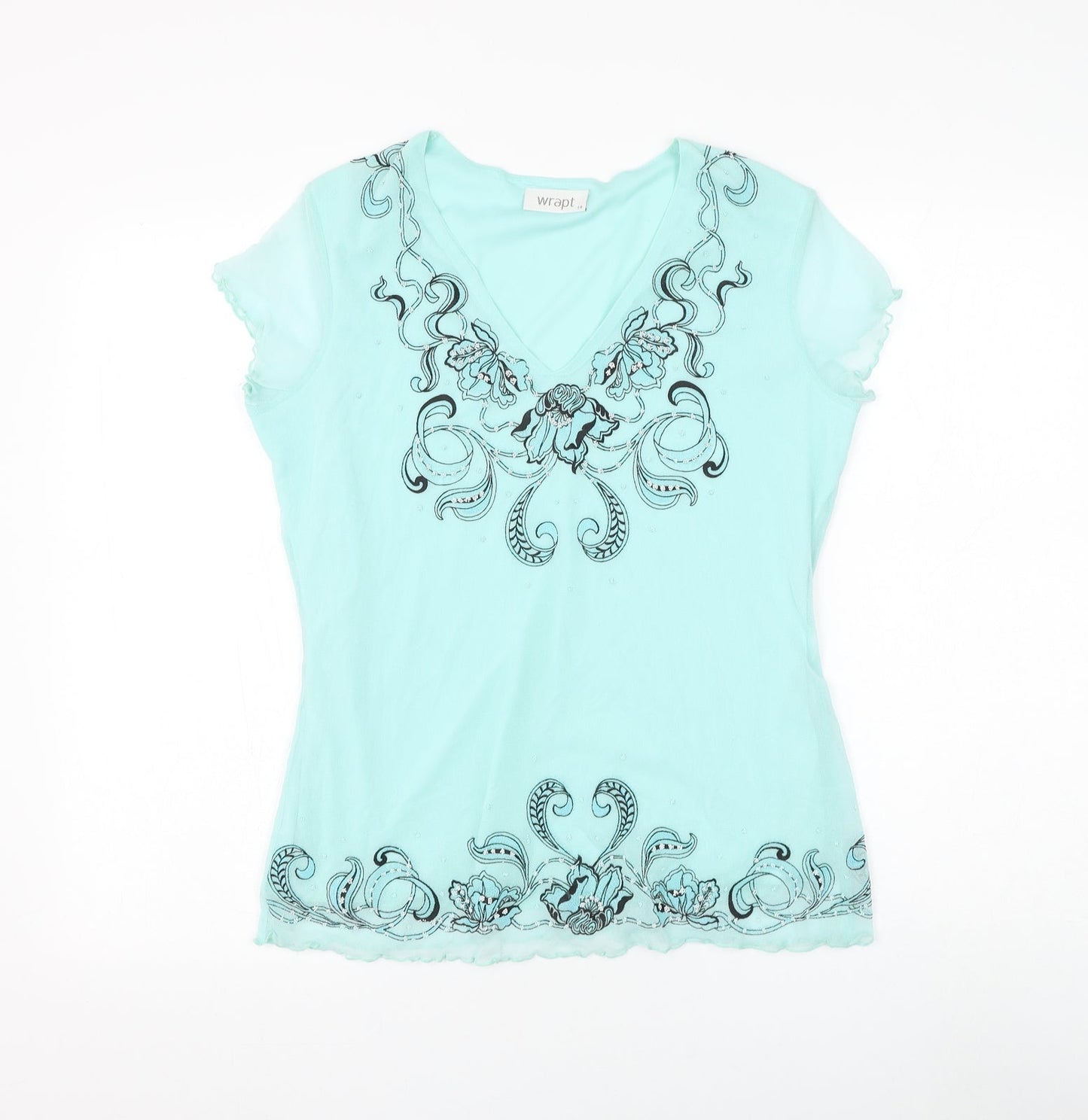 Wrapt Womens Blue Floral Nylon Basic Blouse Size 14 V-Neck - Lettuce Hem