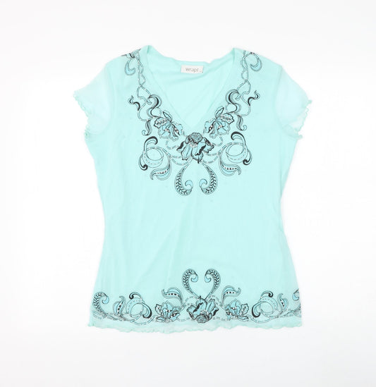 Wrapt Womens Blue Floral Nylon Basic Blouse Size 14 V-Neck - Lettuce Hem