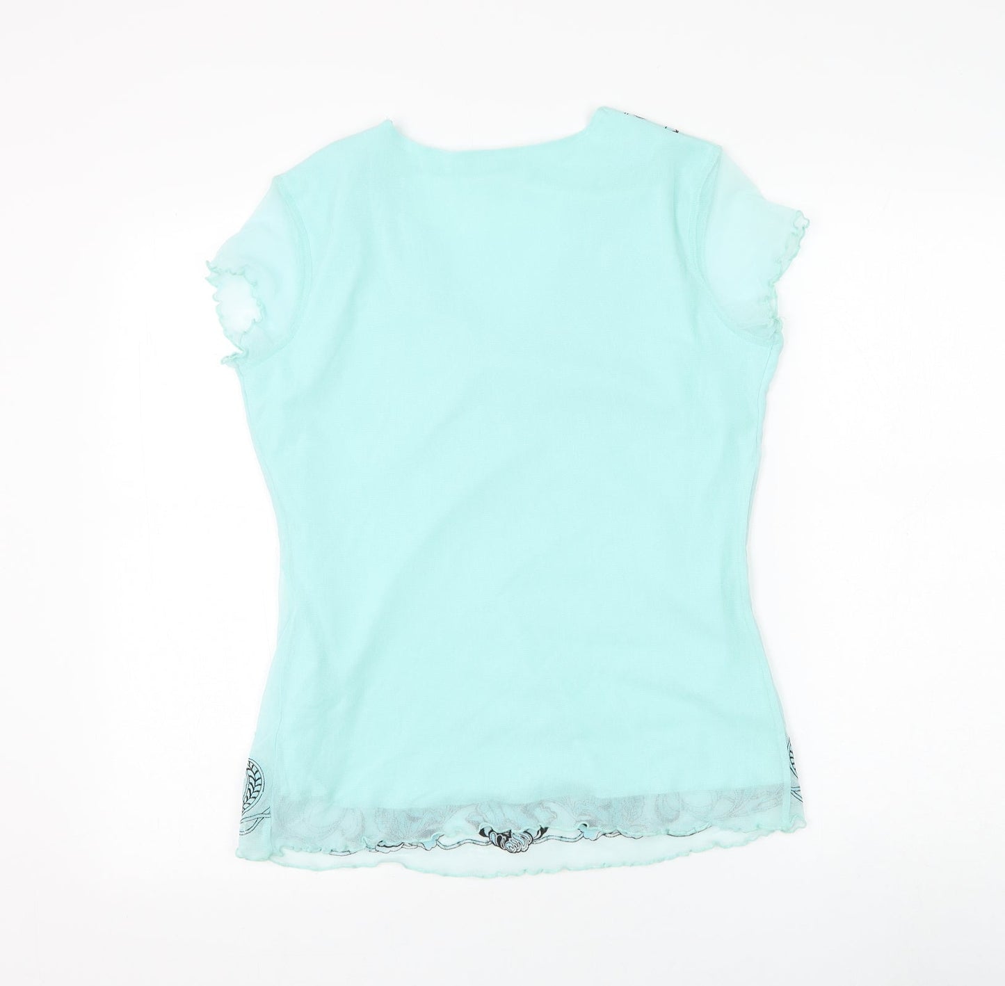 Wrapt Womens Blue Floral Nylon Basic Blouse Size 14 V-Neck - Lettuce Hem