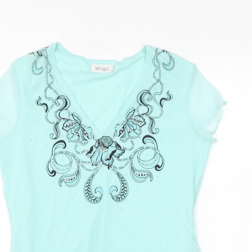 Wrapt Womens Blue Floral Nylon Basic Blouse Size 14 V-Neck - Lettuce Hem