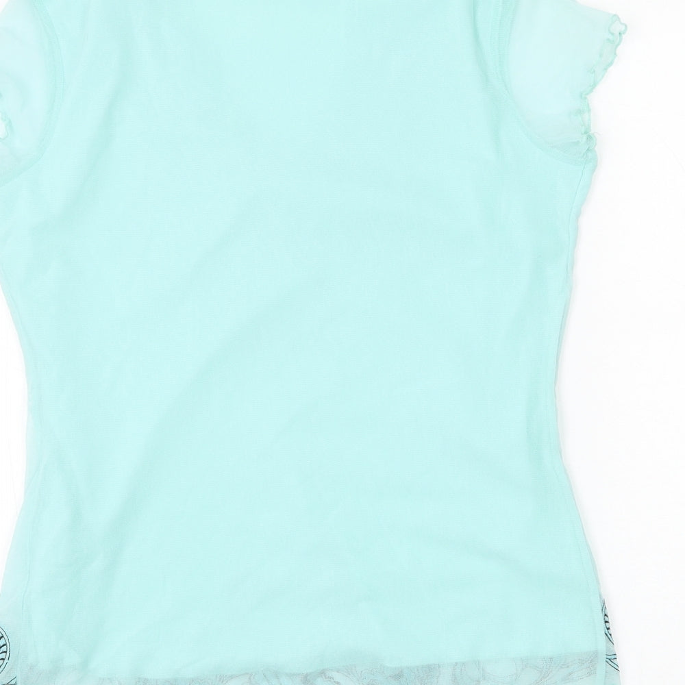 Wrapt Womens Blue Floral Nylon Basic Blouse Size 14 V-Neck - Lettuce Hem