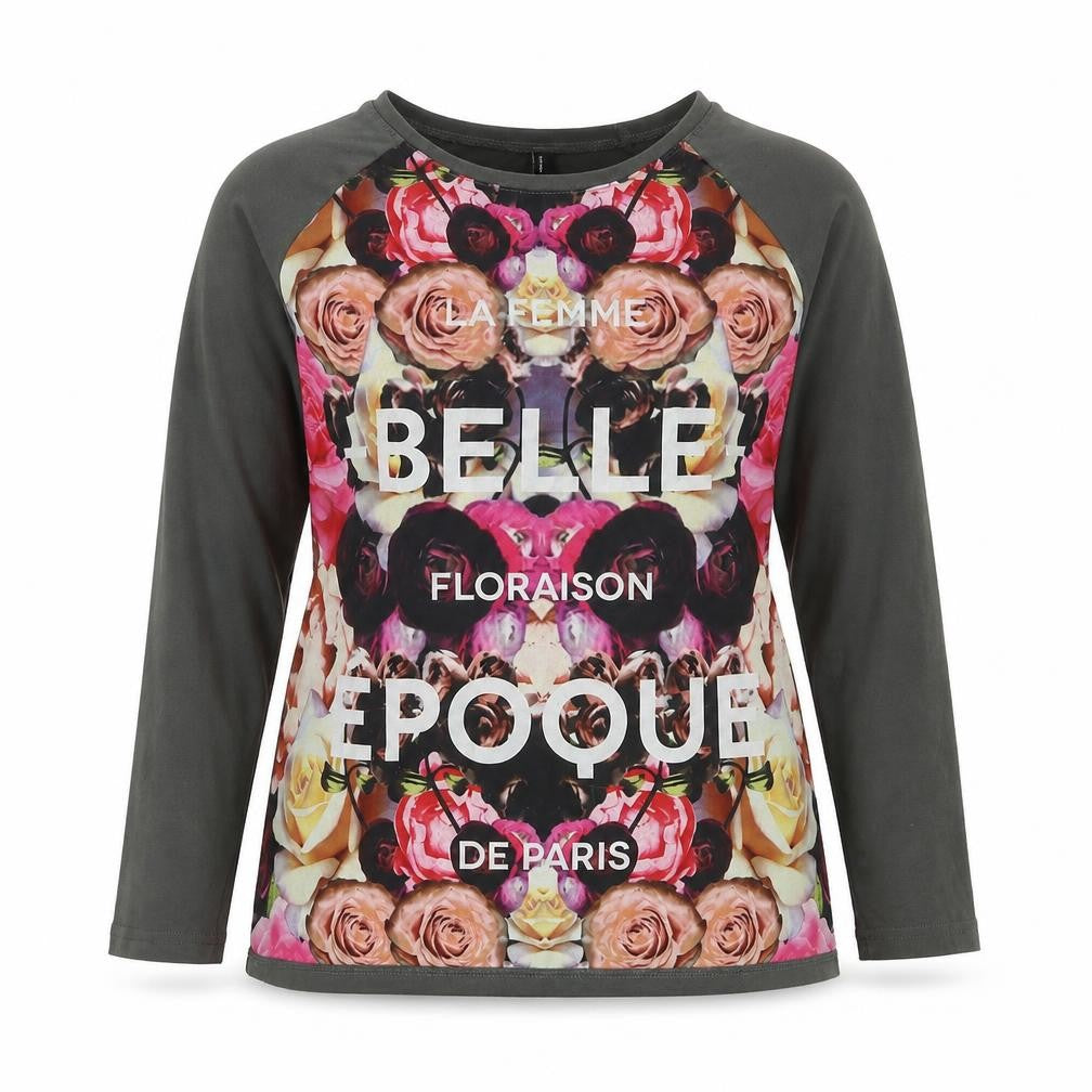 Outfitters Nation Womens Grey Floral Polyester Basic T-Shirt Size XS Round Neck - La Femme Belle
