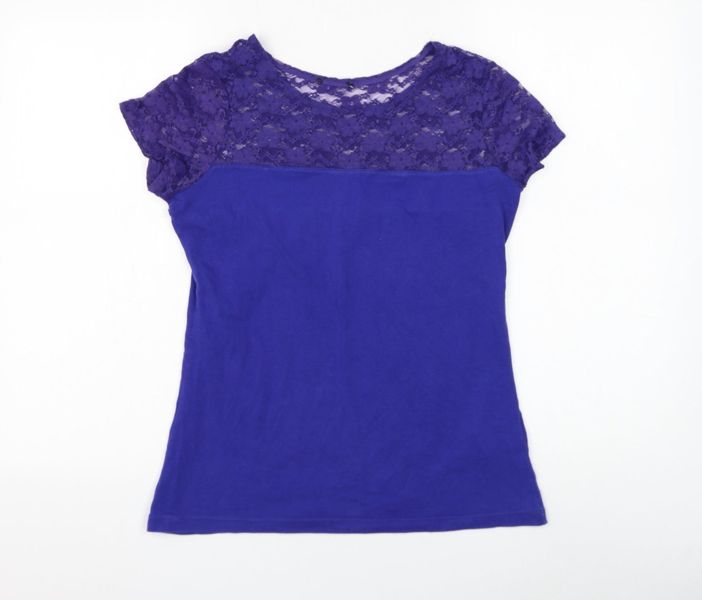 Preworn Womens Blue Cotton Basic T-Shirt Size S Round Neck - Lace Neckline