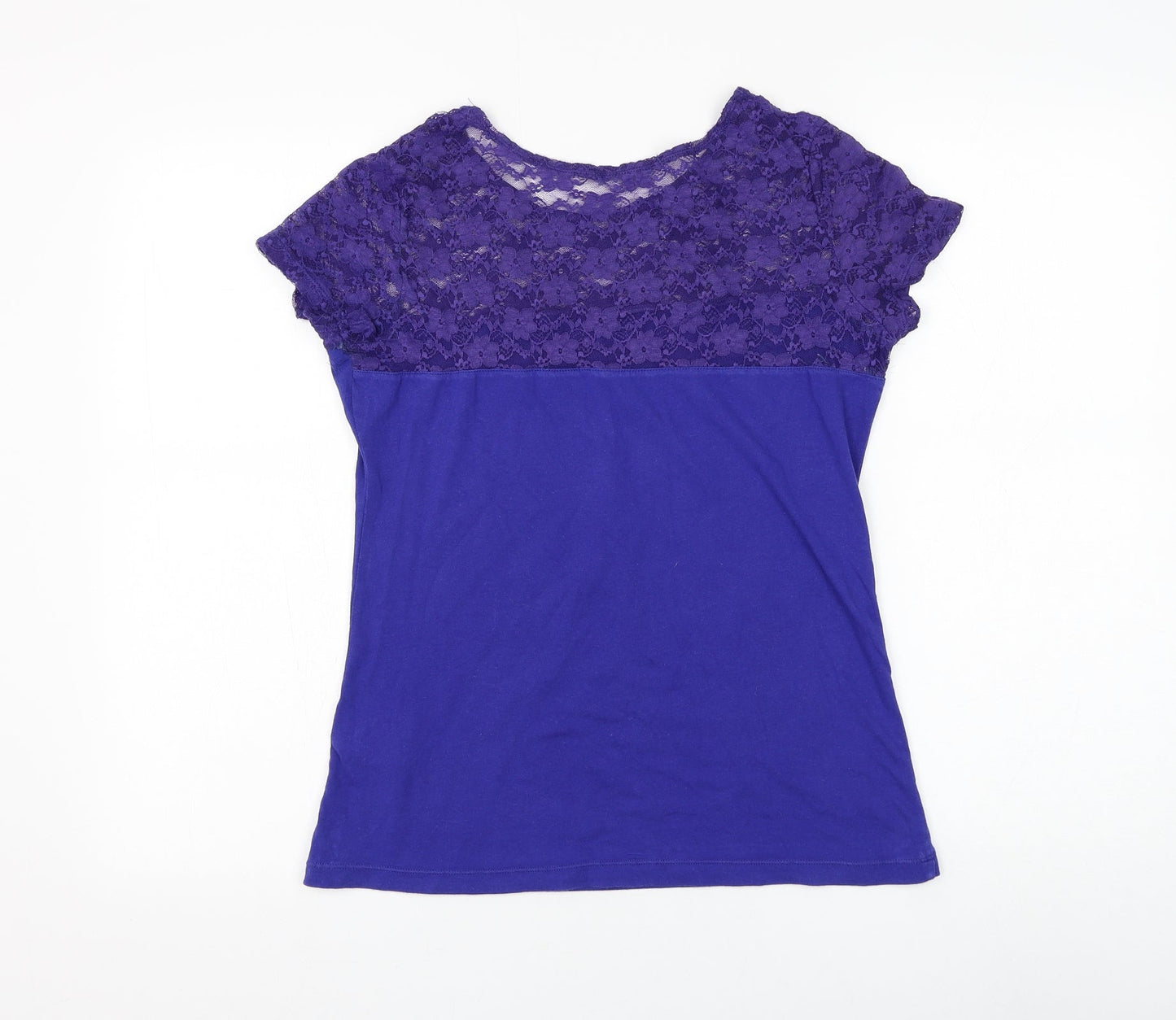 Preworn Womens Blue Cotton Basic T-Shirt Size S Round Neck - Lace Neckline
