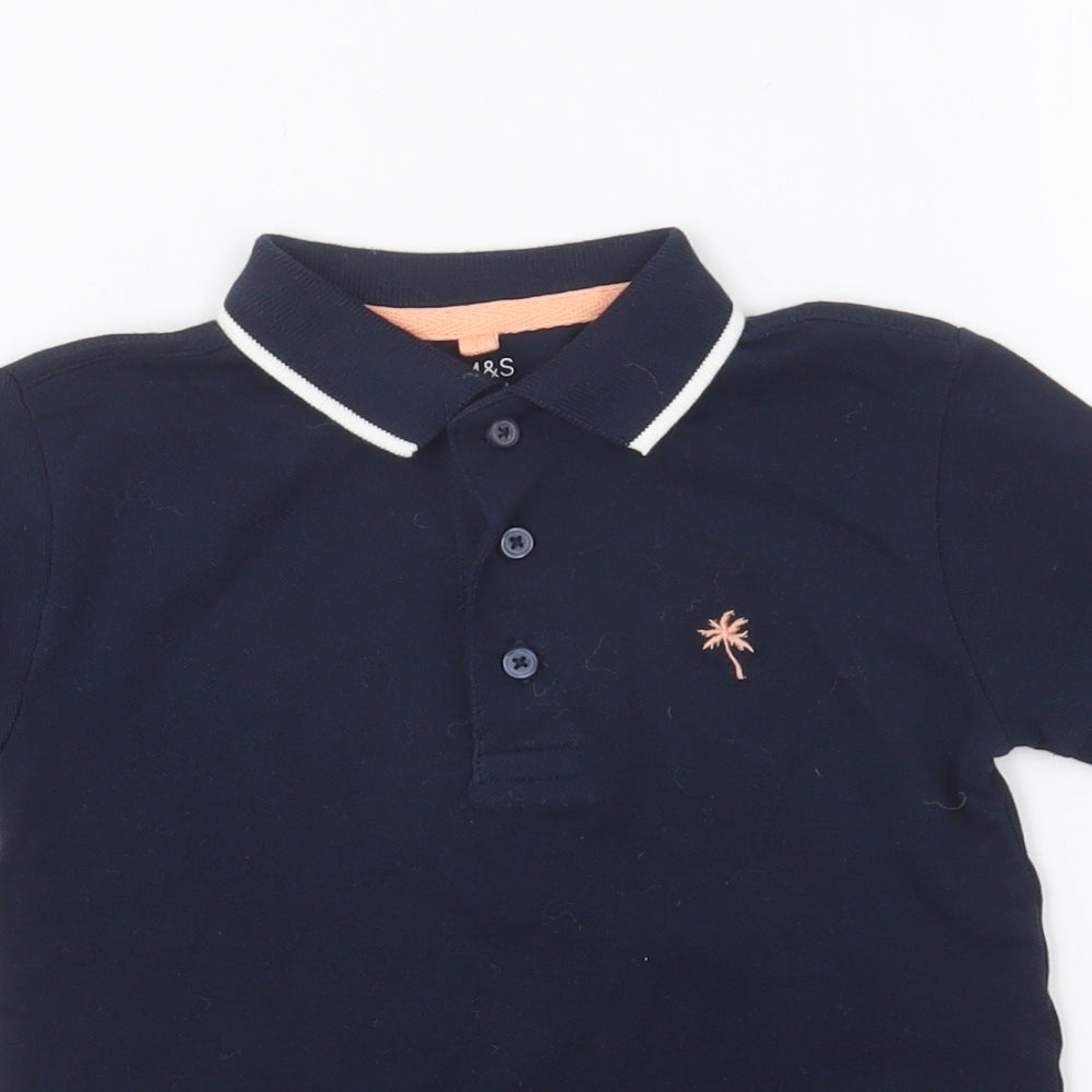 Marks and Spencer Girls Blue Cotton Basic Polo Size 2-3 Years Collared Button - Palm Tree