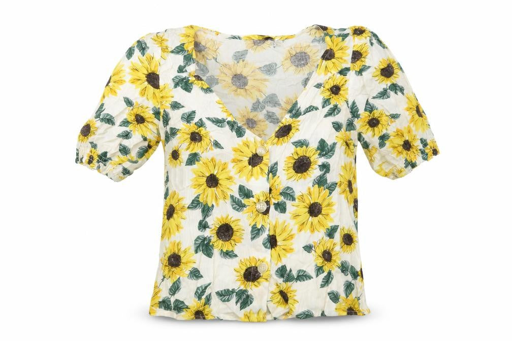Divided by H&M Womens Yellow Floral Viscose Basic Button-Up Size 4 V-Neck