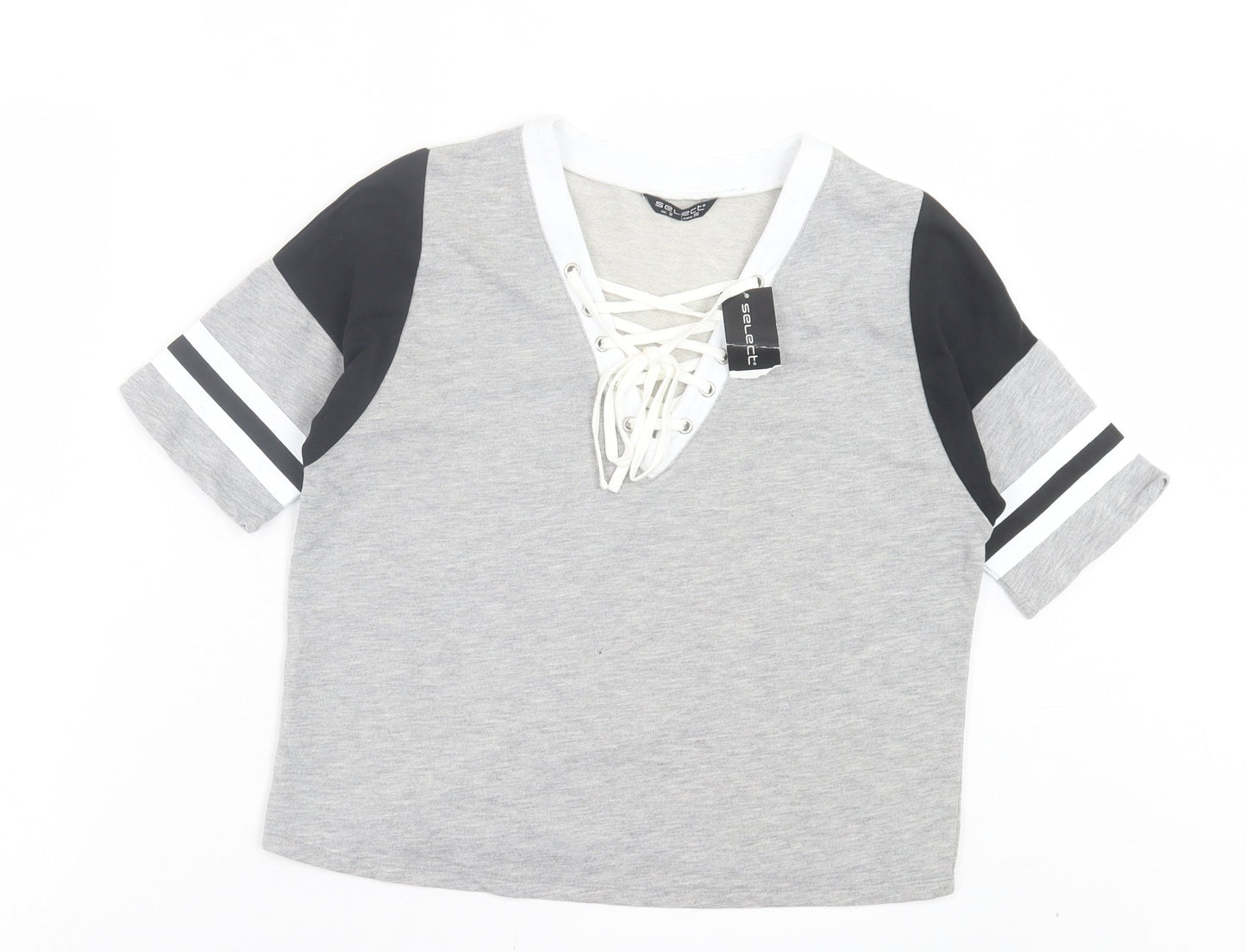 Select Womens Grey Cotton Cropped T-Shirt Size 8 V-Neck