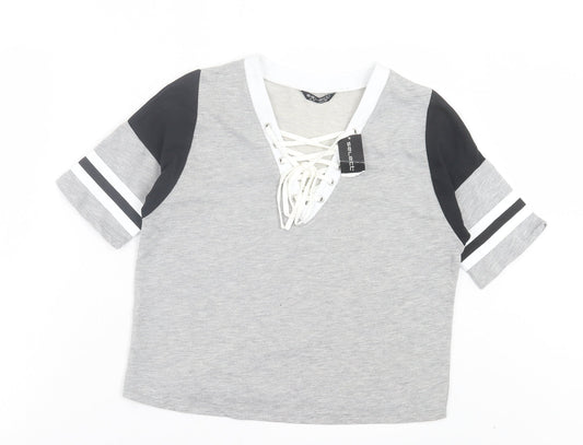 Select Womens Grey Cotton Cropped T-Shirt Size 8 V-Neck