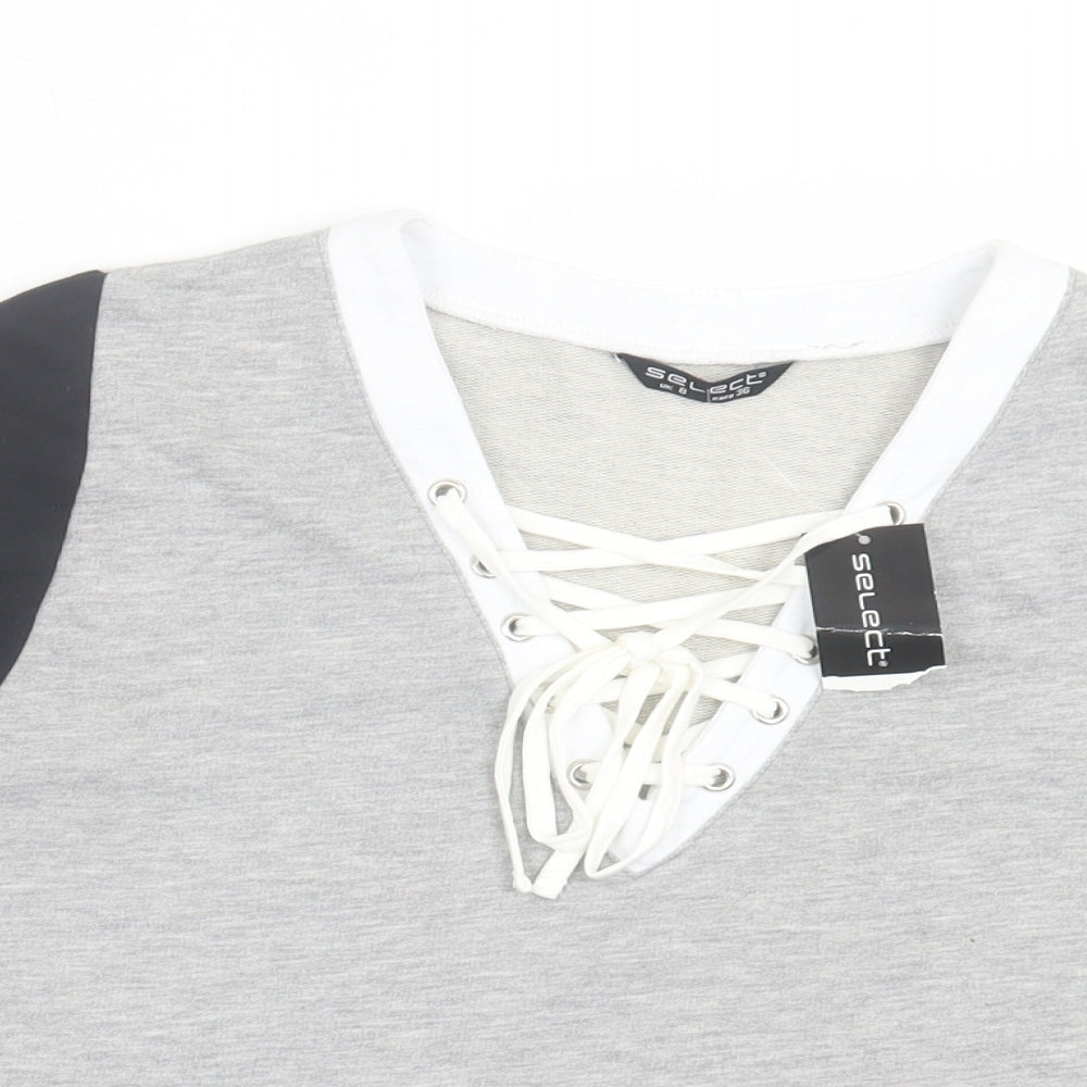 Select Womens Grey Cotton Cropped T-Shirt Size 8 V-Neck