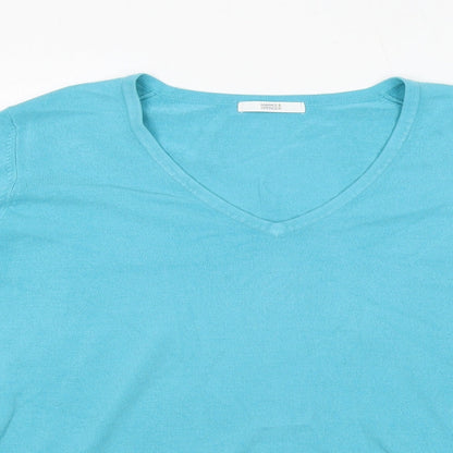 Marks & Spencer Mens Blue V-Neck Polyester Pullover Jumper Size L