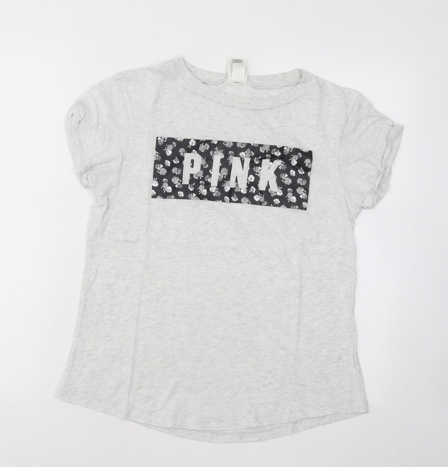 PINK Womens Grey Floral Cotton Basic T-Shirt Size S Round Neck