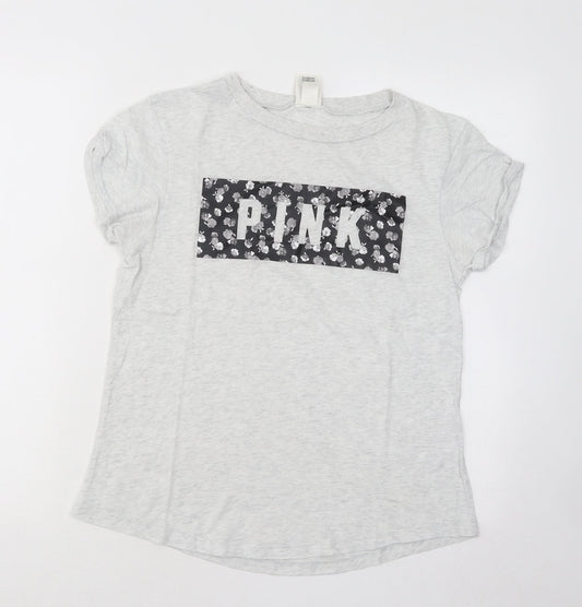 PINK Womens Grey Floral Cotton Basic T-Shirt Size S Round Neck