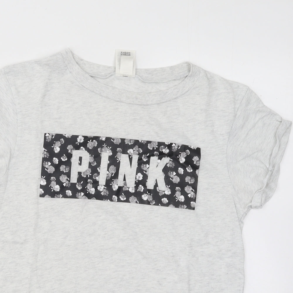 PINK Womens Grey Floral Cotton Basic T-Shirt Size S Round Neck