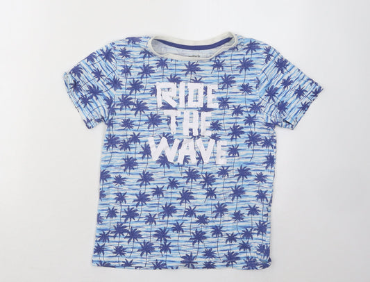 Peacocks Boys Blue Geometric Cotton Basic T-Shirt Size 10-11 Years Round Neck Pullover - Ride The Wave Palm Trees