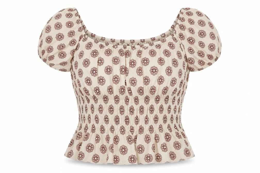 FOREVER 21 Womens Beige Geometric Cotton Basic T-Shirt Size S Off the Shoulder