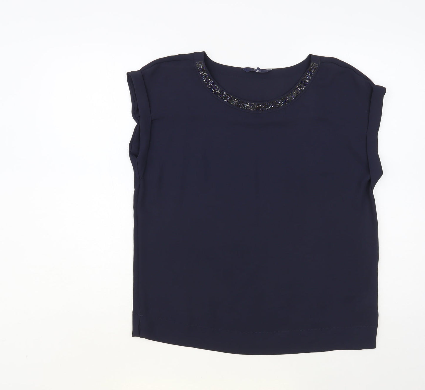 NEXT Womens Blue Polyester Basic Blouse Size 8 Round Neck - Embellished Neckline