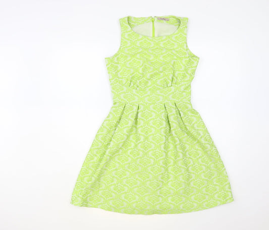 Darling Womens Green Geometric Polyester Fit & Flare Size XS Boat Neck Zip