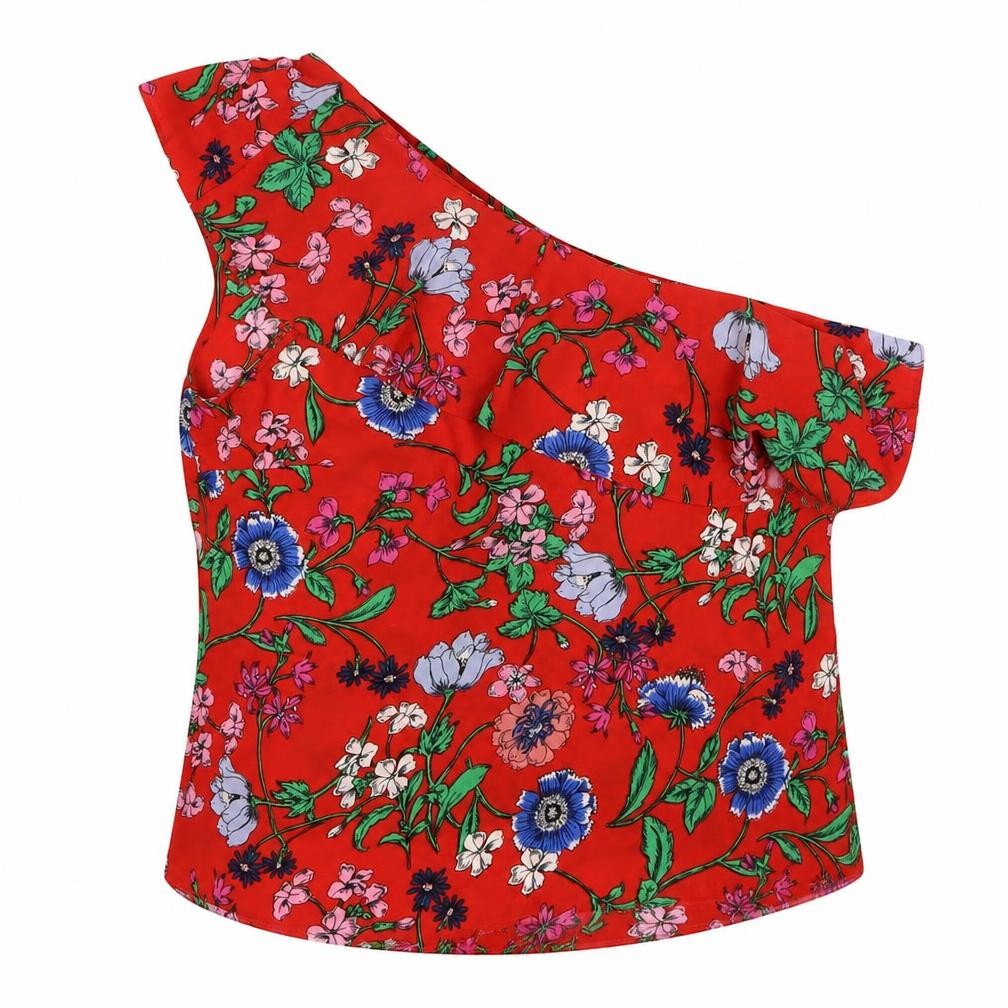New Look Womens Red Floral Polyester Basic Blouse Size 14 One Shoulder