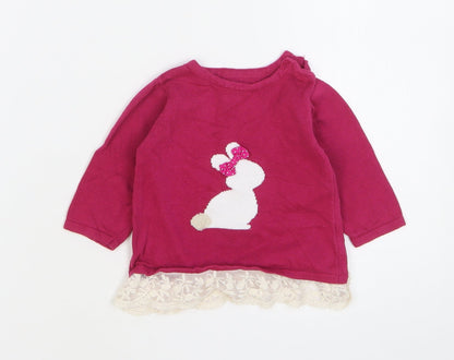 Nutmeg Girls Pink Cotton Pullover Jumper Size 0-3 Months Button - Rabbit