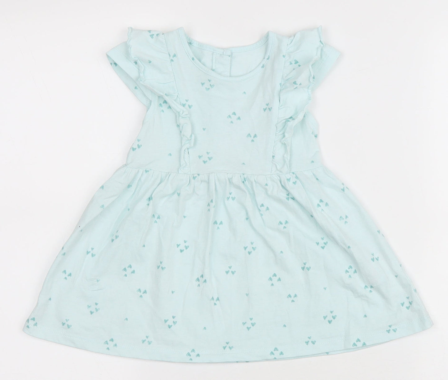 Matalan Girls Blue Geometric Cotton A-Line Size 9-12 Months Round Neck Button - Heart pattern