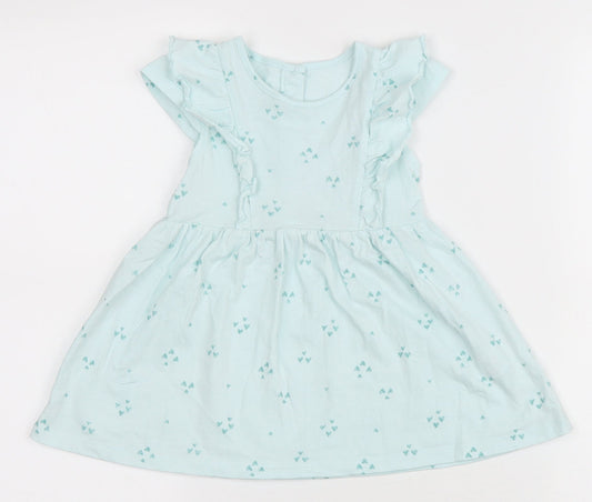 Matalan Girls Blue Geometric Cotton A-Line Size 9-12 Months Round Neck Button - Heart pattern