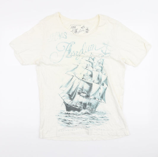 footasylum Womens Ivory Cotton Basic T-Shirt Size M Round Neck - Sail Boat