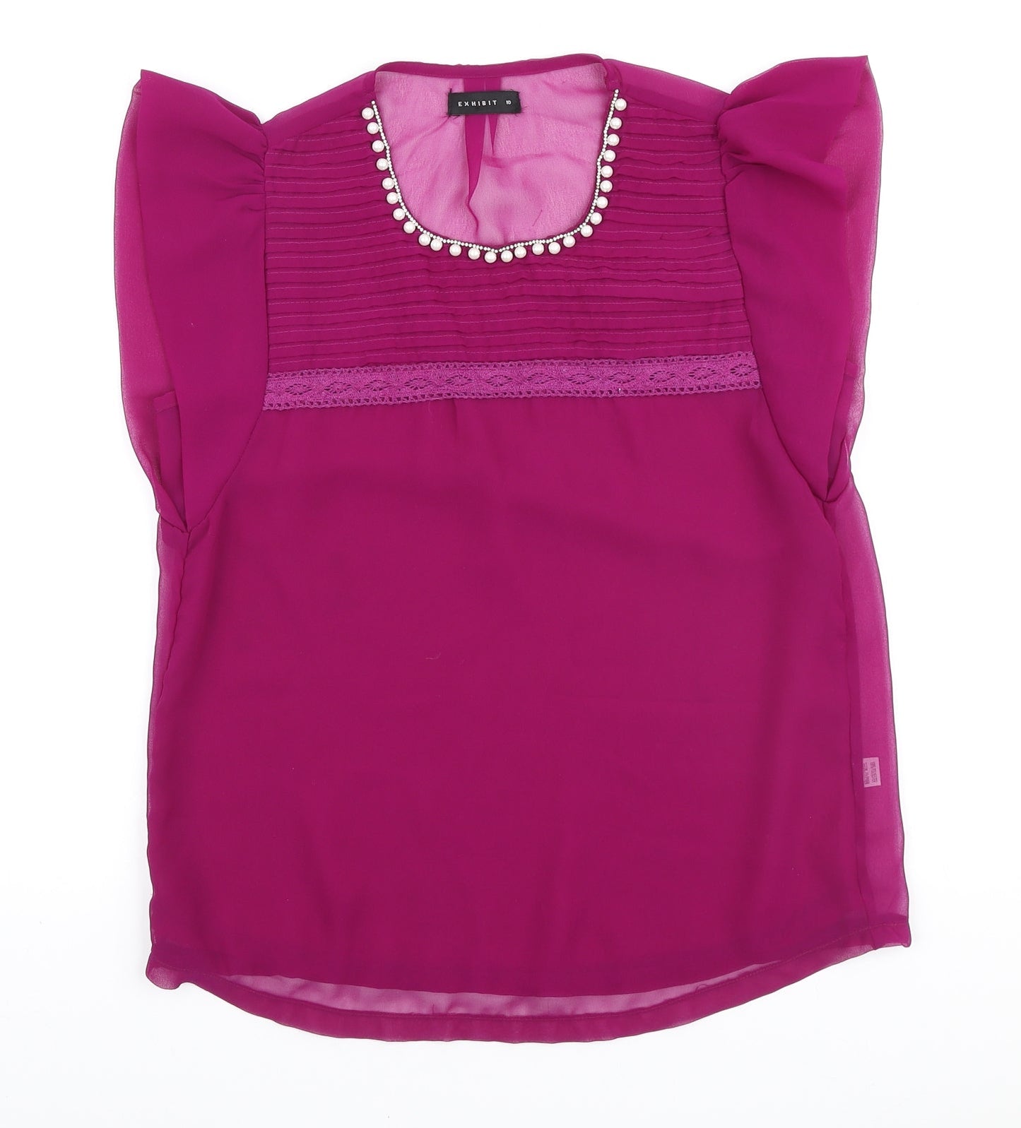Exhibit Womens Purple Polyester Basic Blouse Size 10 Round Neck - Embellished Collar & lace