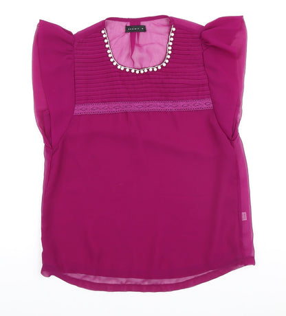Exhibit Womens Purple Polyester Basic Blouse Size 10 Round Neck - Embellished Collar & lace