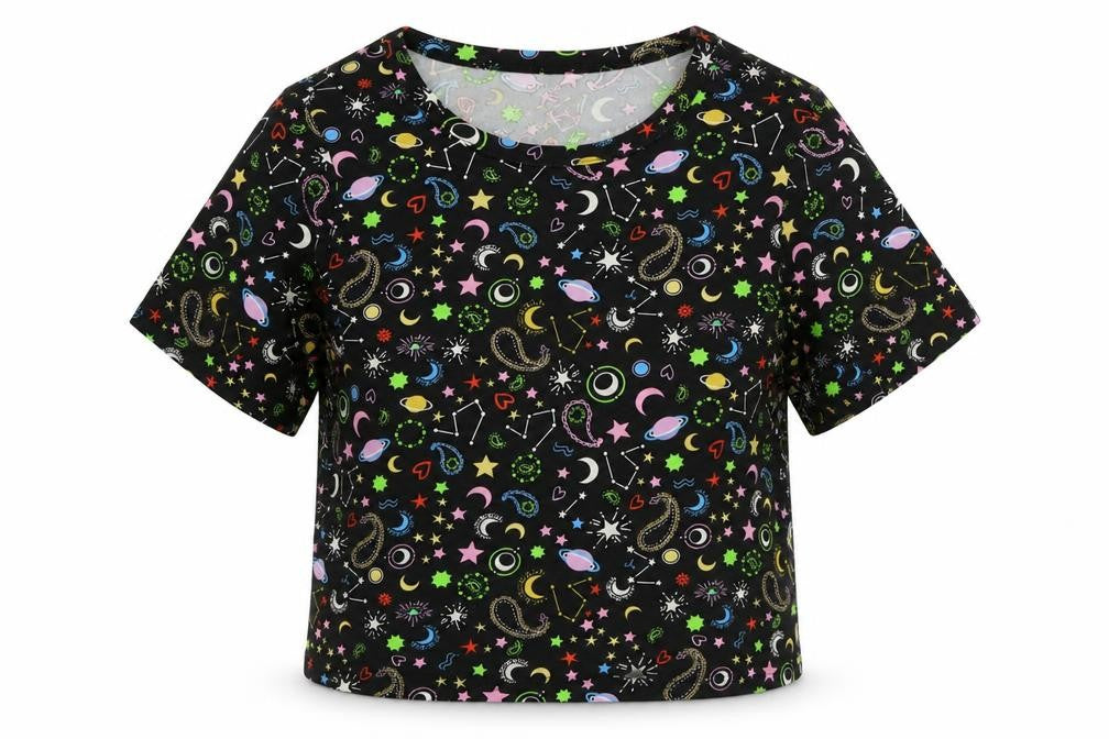 Primark Womens Multicoloured Geometric Polyester Basic T-Shirt Size 2XS Round Neck
