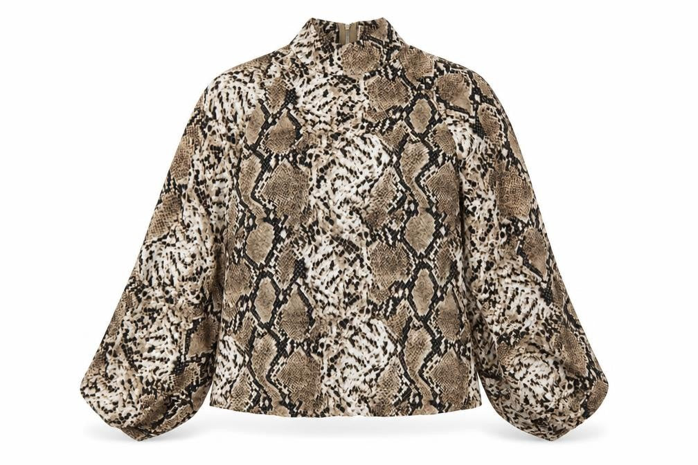 PRETTYLITTLETHING Womens Beige Animal Print Polyester Basic Blouse Size 8 High Neck - Snake pattern