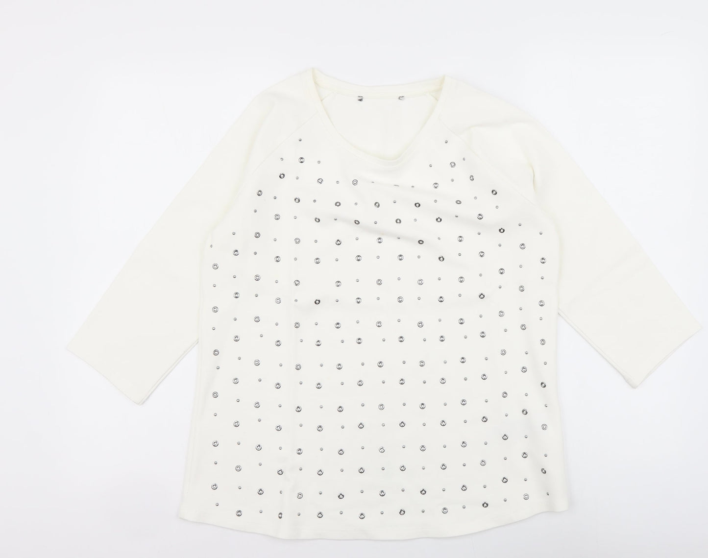 Preworn Womens Ivory Polka Dot Cotton Basic T-Shirt Size 12 Round Neck