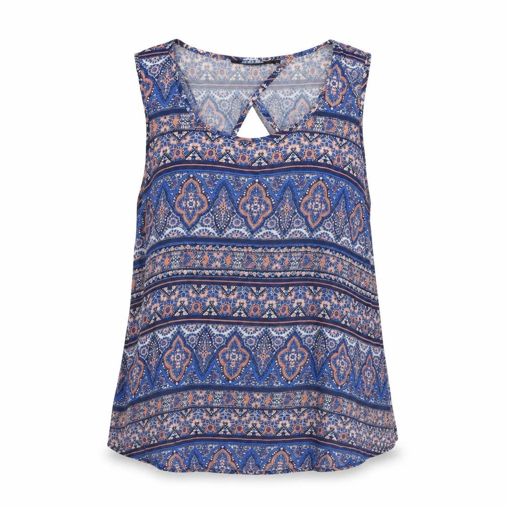New Look Womens Blue Geometric Viscose Basic Blouse Size 12 Round Neck - Open Back