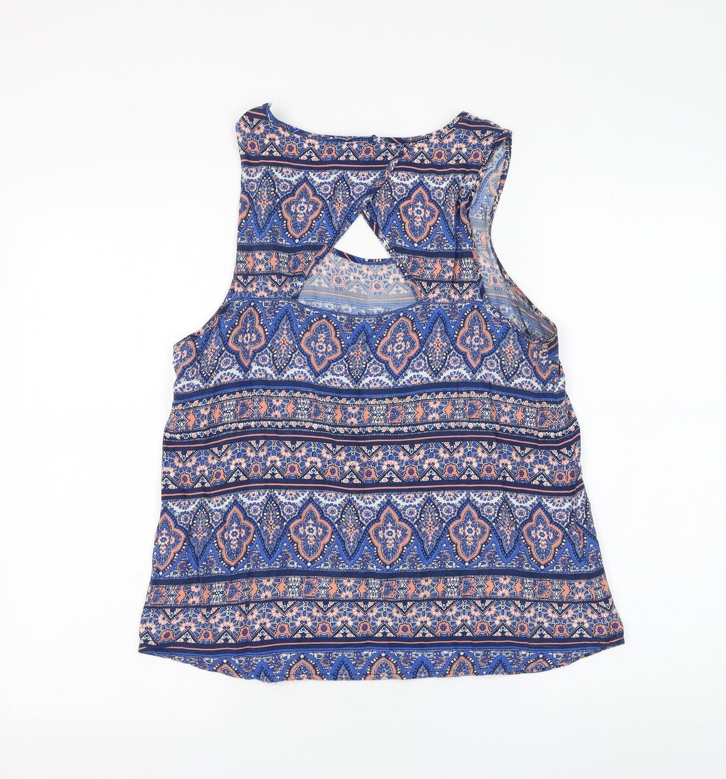 New Look Womens Blue Geometric Viscose Basic Blouse Size 12 Round Neck - Open Back