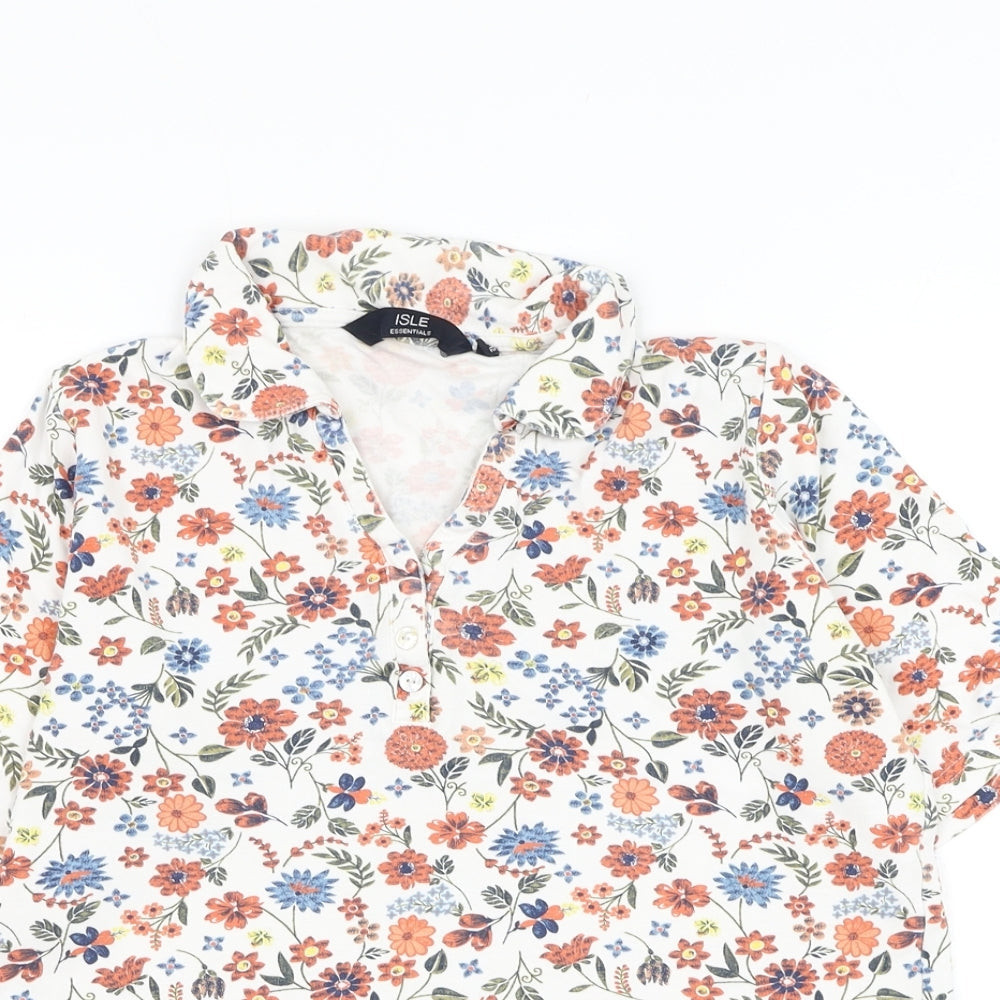 EWM Womens White Floral Cotton Basic Polo Size 10 Collared