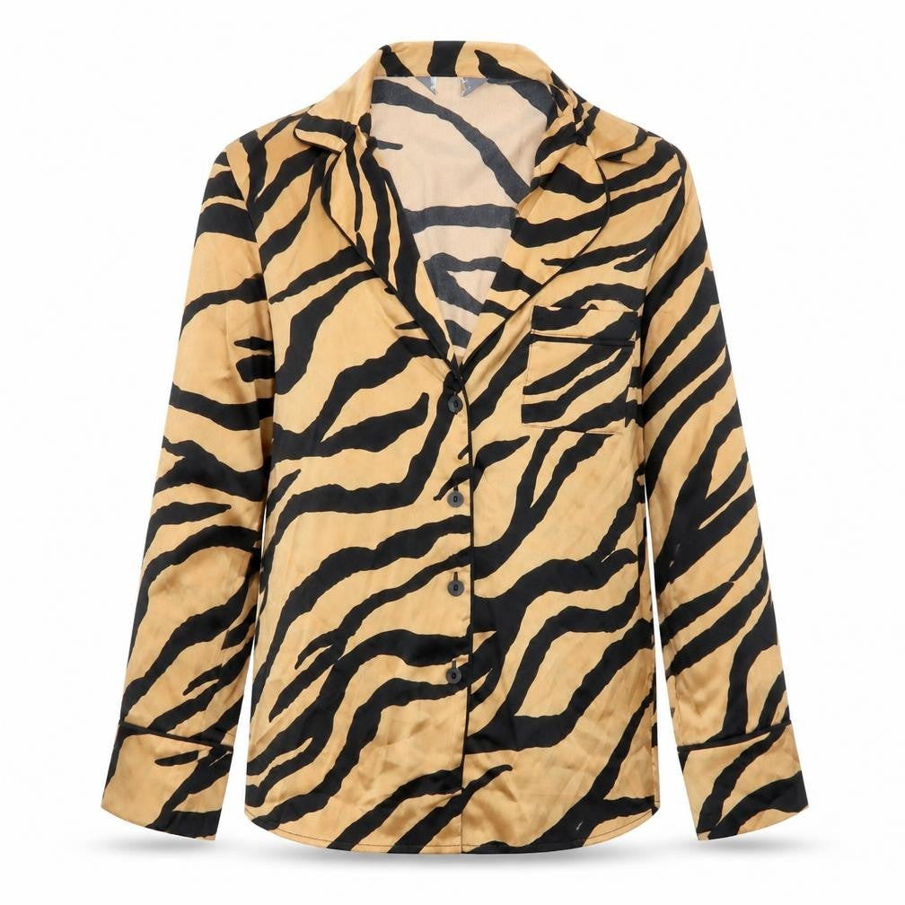 Primark Womens Brown Animal Print Polyester Basic Button-Up Size 2XS Collared - Tiger Print