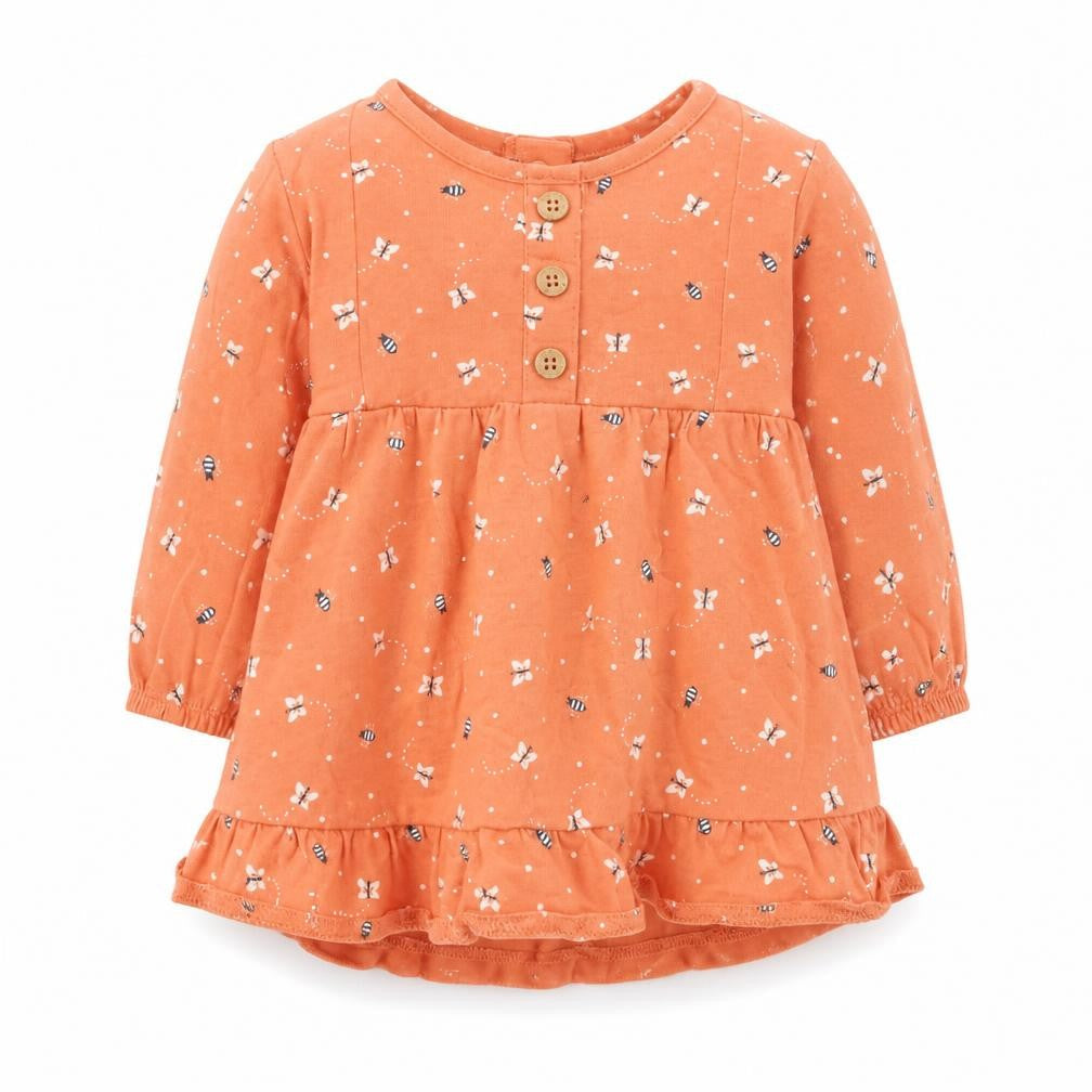 Nutmeg Girls Orange Geometric Cotton Skater Dress Size 3-6 Months Round Neck Snap - Bee's & Butterfly
