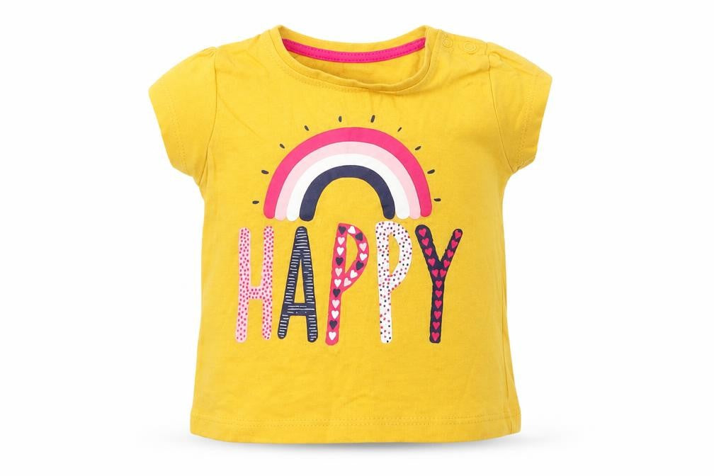 Primark Girls Yellow Cotton Basic T-Shirt Size 3-6 Months Round Neck Pullover - Happy