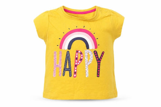 Primark Girls Yellow Cotton Basic T-Shirt Size 3-6 Months Round Neck Pullover - Happy