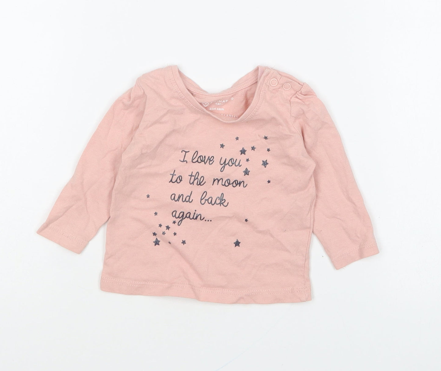 Primark Girls Pink Cotton Basic T-Shirt Size 3-6 Months Round Neck Pullover - I Love You To The Moon And Back