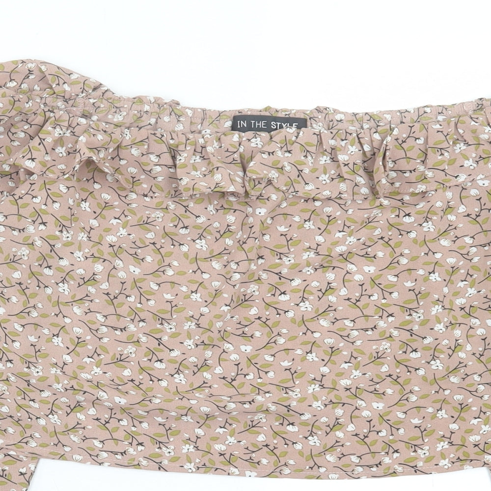 In the Style Womens Brown Floral Polyester Cropped Blouse Size 10 Off the Shoulder