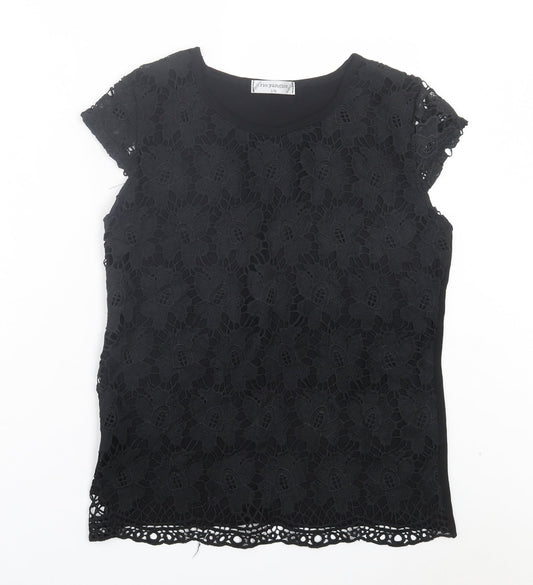 Rio Yangtse Womens Black Floral Polyester Basic T-Shirt Size L Crew Neck
